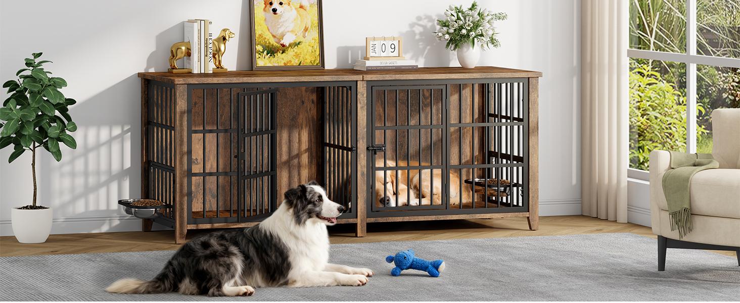Aowos Wooden Dog Crate Furniture, Stylish Dogs Kennel for Small to Extra Large, Double Door & A Cushion & 360° Wheel, Single Door & 2 Bowels, 27''/32''/38''/44'', Metal, Chew-Proof Design, Dog Cage
