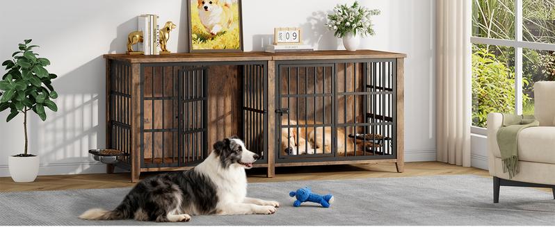 Aowos Wooden Dog Crate Furniture, Stylish Dogs Kennel for Small to Extra Large, Double Door & A Cushion & 360° Wheel, Single Door & 2 Bowels, 27''/32''/38''/44'', Metal, Chew-Proof Design, Dog Cage