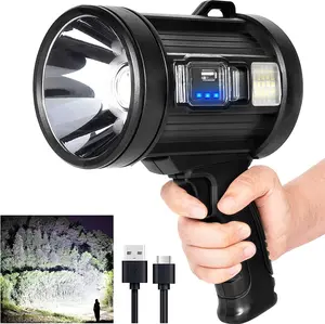 Rechargeable Brightest Spotlight with Solar Panels & 6 Modes, Rechargeable Spotlight Flashlight Outdoor, Powerful LED Spotlights Long Runtime, Large Handheld Spot Light for Boating Hunting    ， 6 ，， LED ，，，。