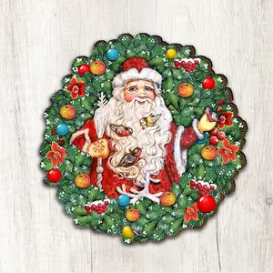 Designocracy 8185320M 12x9 in. Wooden Artistic Santa Wreath with Birds, Large Ornaments, Wall & Outdoor Christmas Festive Home Decoration