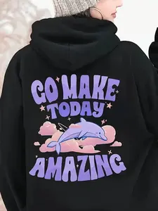 Cartoon Dolphin & Letter Print Drop Shoulder Thermal Lined Hoodie, Fashion Casual Drawstring Pocket Hooded Sweatshirt for Daily Holiday Outdoor Wear, Women Clothing for Fall & Winter