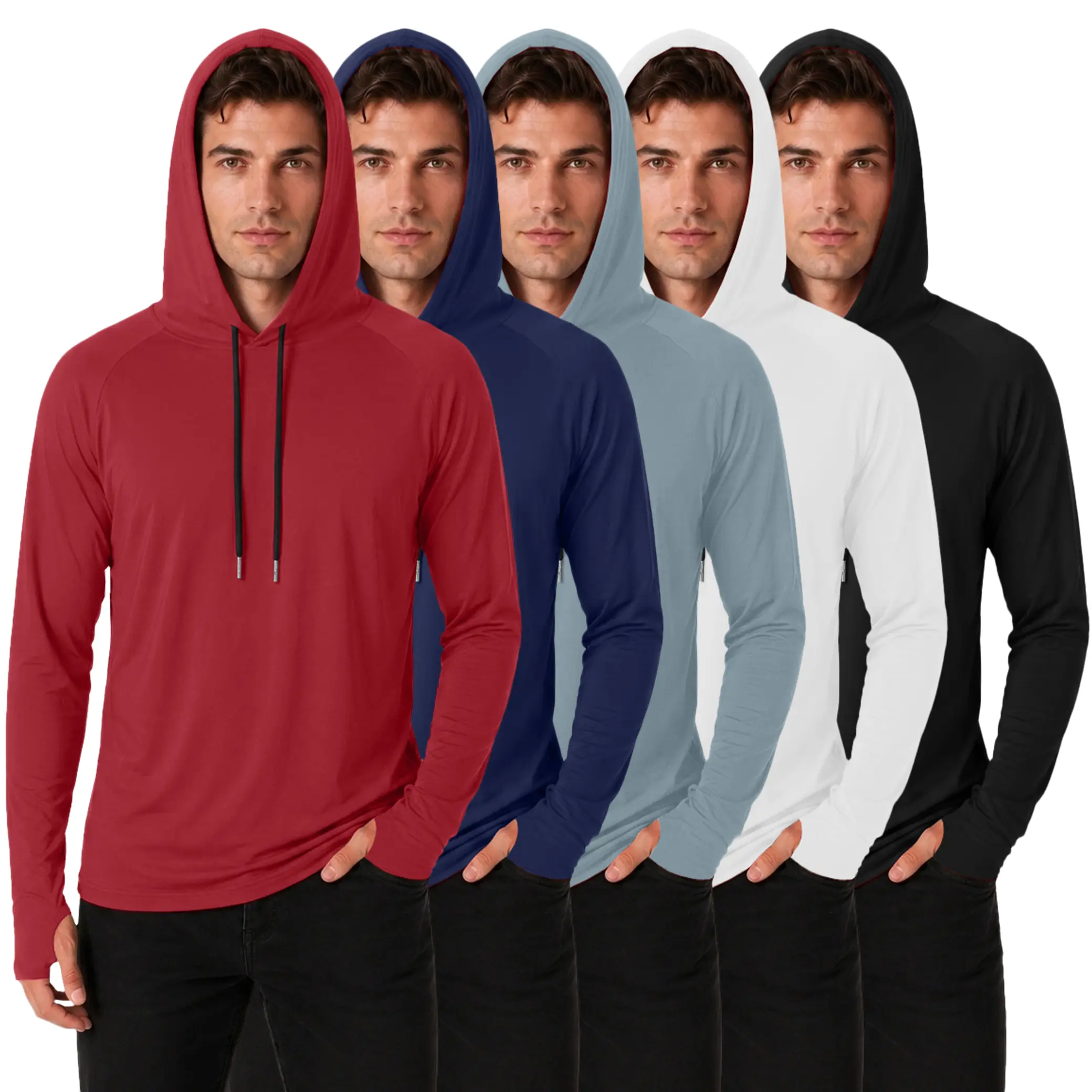 Men's 5-Pack Athletic Sun Hoodies - Long Sleeve Lightweight UPF Quick-Dry Shirts with Thumbholes, Drawstring Hood, Regular Fit, Machine Wash for Outdoor Sports, Hiking