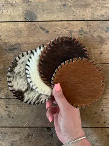 Real Cowhide Coasters Set of 4 | Hair on Hide Western Coasters | Rustic Leather Drink Coasters | Farmhouse Ranch Decor | Cowboy Bar Coasters | Housewarming Gift