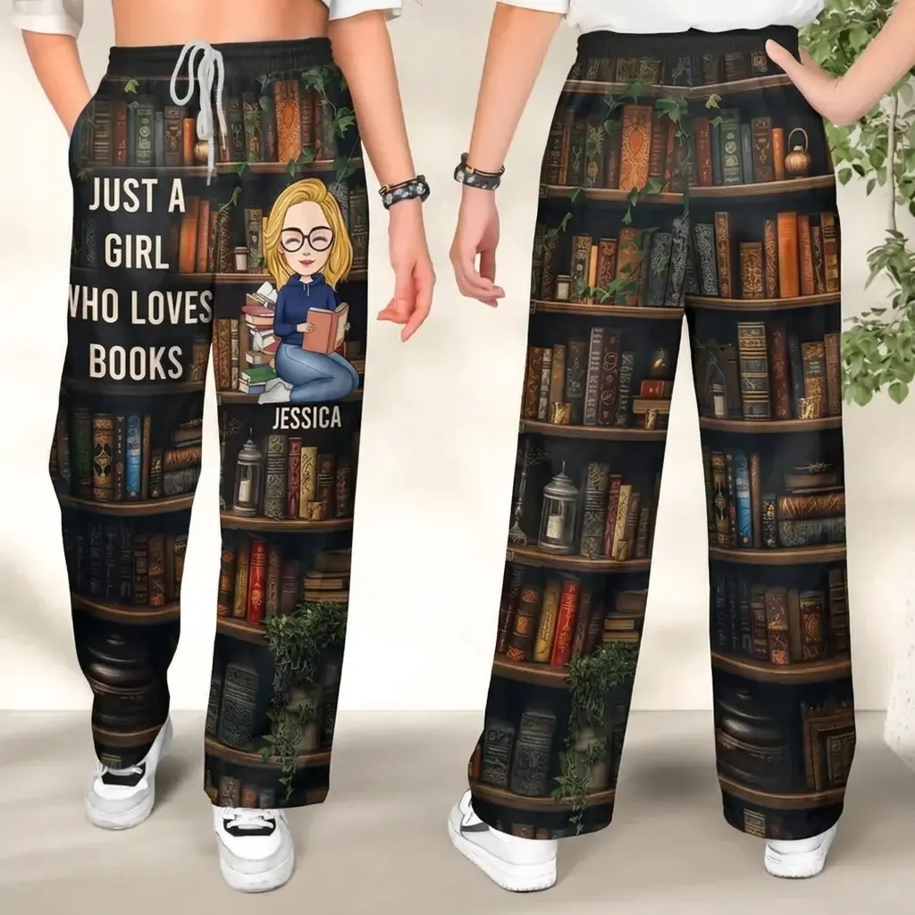 Just A Girl Who Loves Books Personalized Pajama Pants – Custom Name Book Lover Sleepwear, Reading Lover Lounge Pants, Cozy Women's Pajamas, Literary Gift for Readers