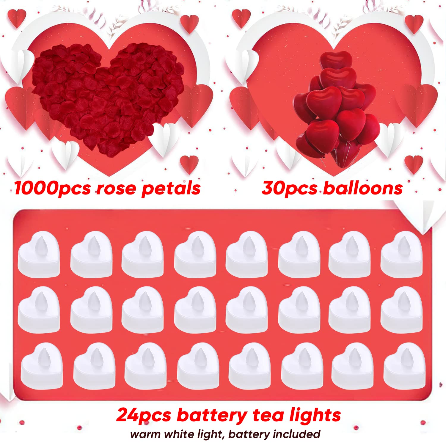 Valentine's Day Surprise Kit: 1000 Rose Petals, 30 Heart Balloons & 24 LED Tea Lights for Romantic Proposal, Anniversary, Wedding Table Scatter Decorations