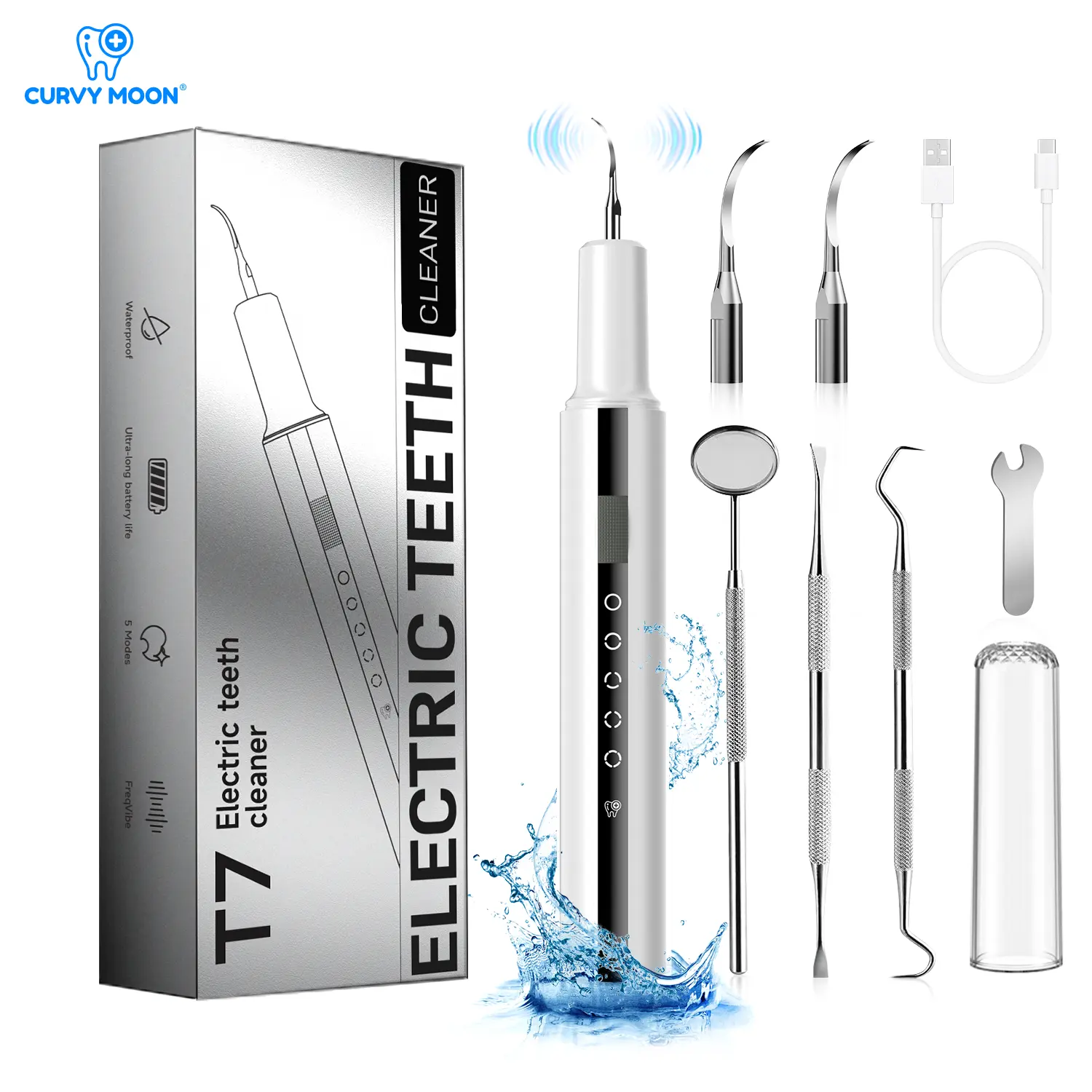 CURVY MOON Plaque/Tartar Remover for Teeth,Rechargeable Dental Calculus 5 Mode and 4 Heads USB C UV Light Smart Power Off| Ipx6 Waterproof Remover 90 Day Battery & 3 Hour Charge Teeth Cleaning Kit with LED Light & Adjustable For Home Travel Electric Fast