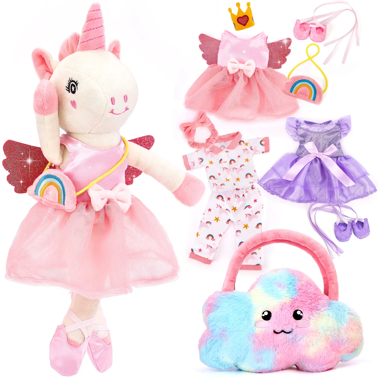 hahaland Preschool Ballerina Unicorns Plush Toys, 3 Set Clothes with Rainbow Cloud Plush Bag, Kids Toy Birthday Gifts for 2-4 6 Year Old.Dance Recital Gifts, Graduation Gift Cute Stuffed Animal Soft Adorable Stuffed,back to school