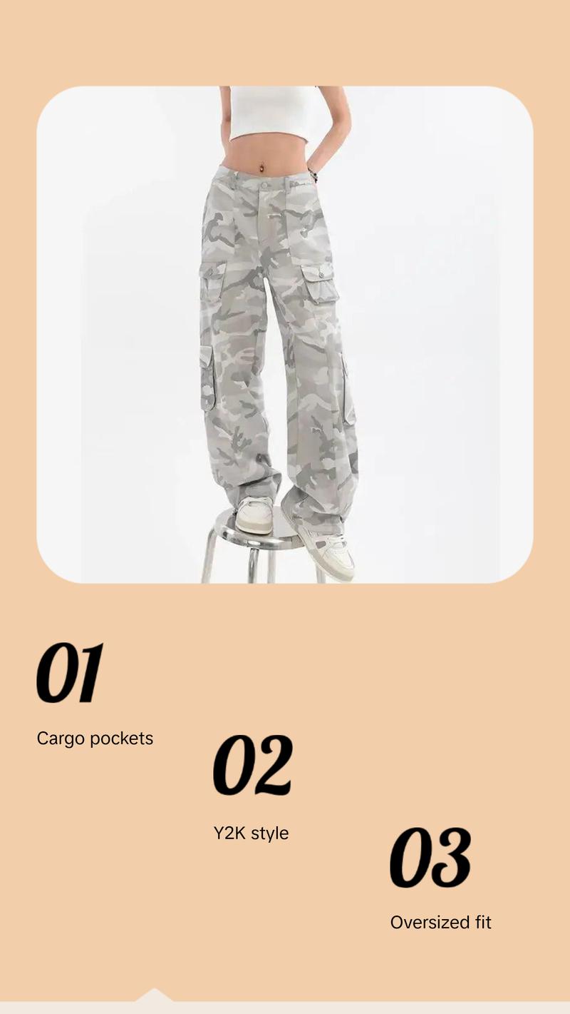 Female Hip Hop Grey Camouflage Cargo Pants American Style Y2K Oversized Loose Straight Wide Leg Pants Vintage Casual Sweatpants