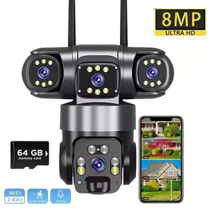 Mother's Day Gift:4K/8MP Solar-powered Wireless Outdoor Security Camera | 2.4G WIFI Dual-lens 355° Pan-tilt, Battery Powered, Home Security with Color Night Vision, Spotlight, Two-way Audio, PIR Motion Alarm,Ceiling Mount, Comes With A 64GB Memory Card