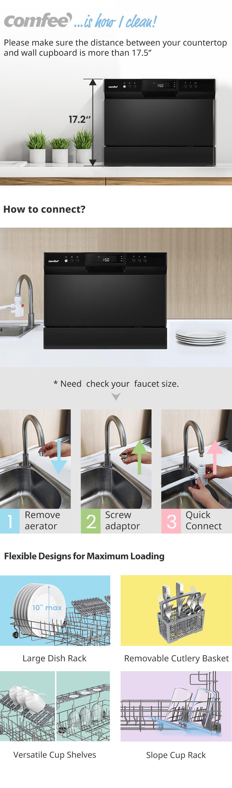 COMFEE’ Portable Mini Dishwasher, Energy Star, Countertop, 6 Place Settings, 8 Washing Programs, Speed, Baby-Care, ECO& Glass, Durable Multifunction for Dorm, RV& Apartment, White, Jumpstart, Gift