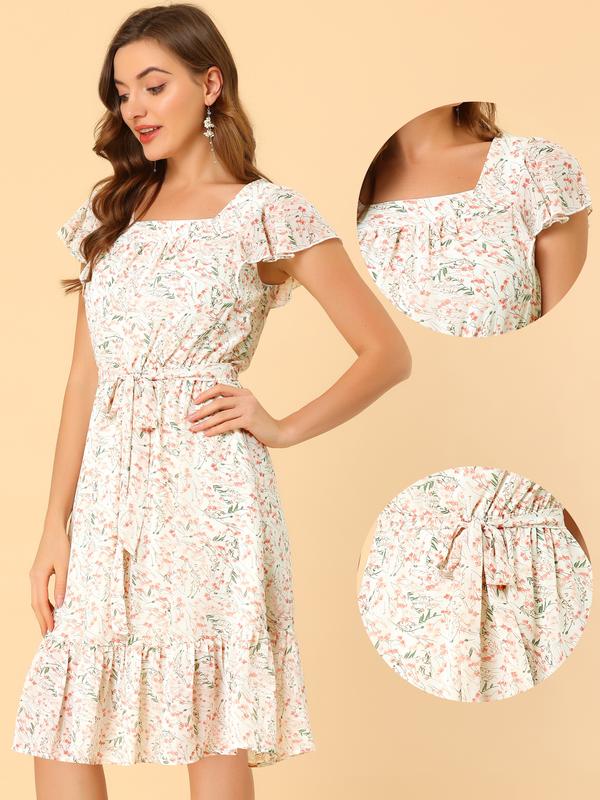 INSPIRE CHIC Floral Chiffon Flutter Sleeve Belted Square Neck Ruffled Hem Dress White-Floral