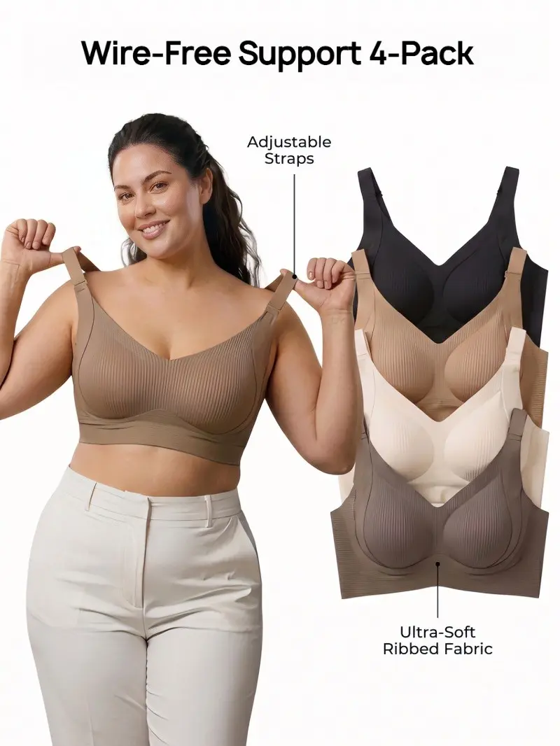 4PCS Solid Seamless Push-Up Jelly Bra, Plus Size Wire-Free Ribbed Everyday T-Shirt Bralette | High Stretch, Ultimate Lift & Soft Sleep Comfort (S-4XL)