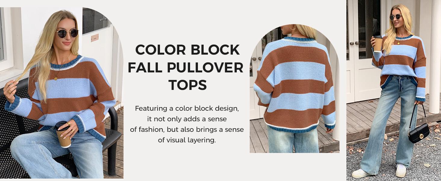 FISOEW Womens Oversized Sweaters Casual Long Sleeve Color Block Crewneck Knitted Loose Fall Pullover Tops Womenswear Knitwear Fit Comfy #TikTokShopHolidayHaul Soft Overall Everyday SpringStatements