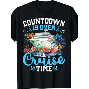 Men'S Cruise Time Countdown Is Over T-Shirt - Tropical Cruise Ship & Palm Tree Graphic Tee with Bold "Countdown is Over, It'S Cruise Time" Slogan - Relaxed Fit Short Sleeve Crew Neck Shirt for Vacationers, Cruise Lovers  Casual Oversized Menswear Basic
