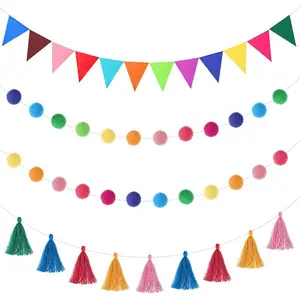 9.8 ft Pom Pom Garland Felt Rainbow Garlands Pennant Banner Colorful Tassel Banner Birthday Baby Shower Decoration Triangle Fabric Bunting for Classroom School Mantel Fireplace(Multicolor)