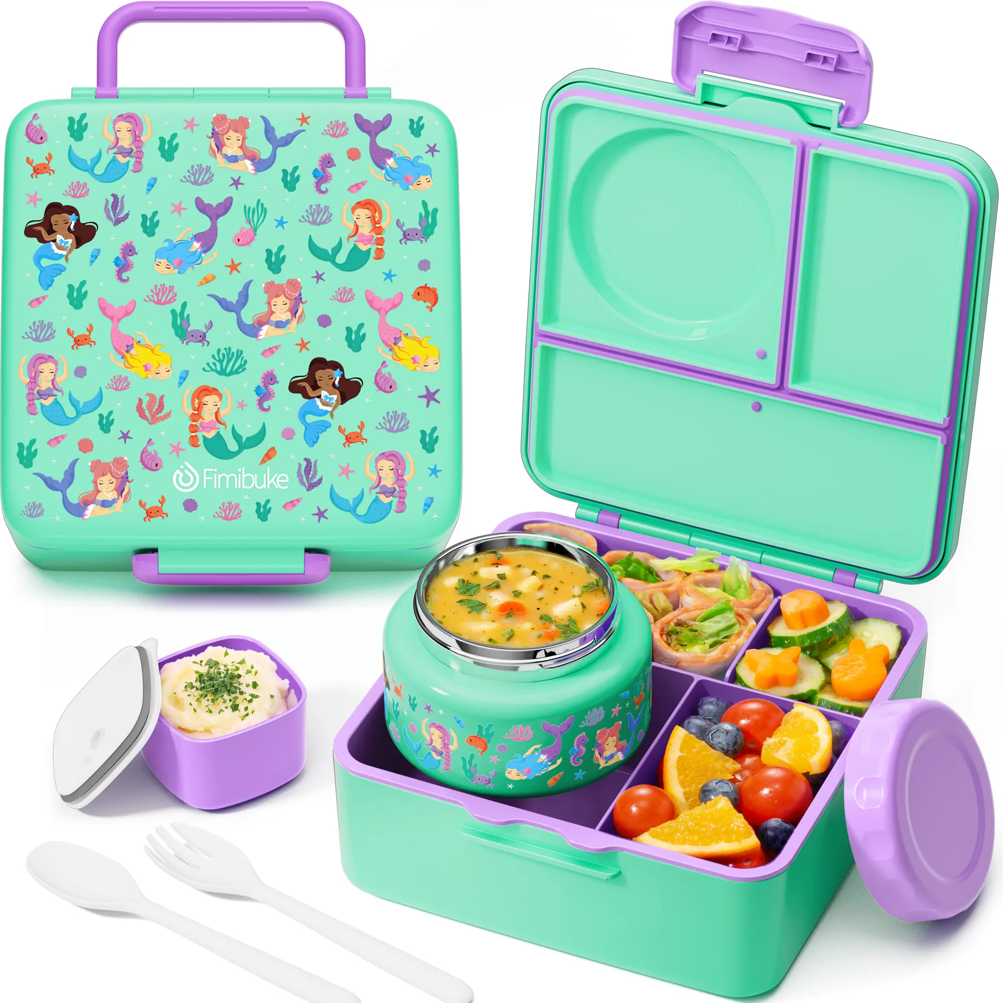 Fimibuke Bento Box - 3-4 Compartment 60oz Toddler Insulated Lunchbox Cooler, 8oz Leakproof Thermal Food Jar, Sauce Jar, Utensil, BPA-Free, Dishwasher-Safe, Freezer-Safe, Lightweight, Funny Patterns, Back to School Gift,home essentials