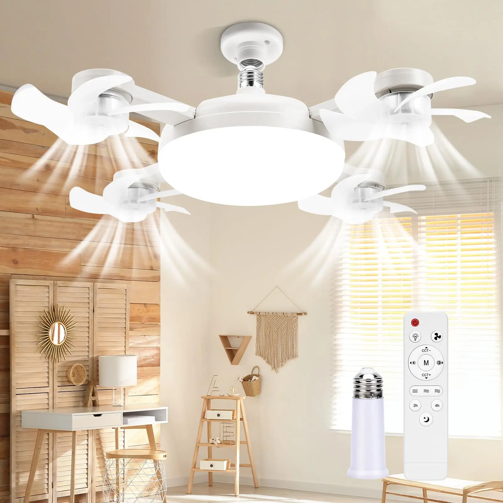 E27 Screw-In Ceiling Fan with Light, Drone Fan with Remote Control, LED Socket Fan Light, 3 Speeds, 3 Color Temperatures, Dimmable Timer, Quiet Fan for Bedroom Kitchen Garage