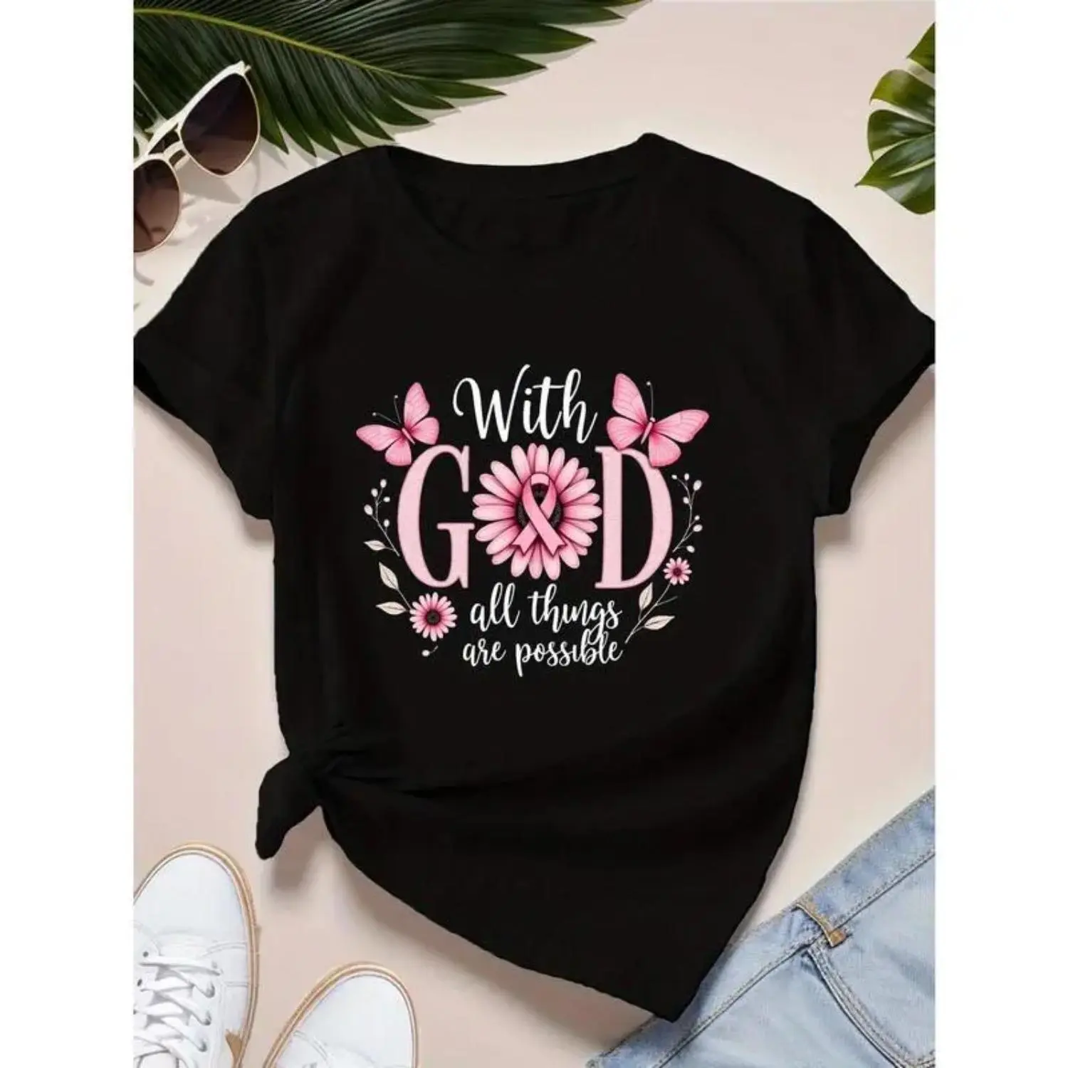 Women's Pure Cotton Short Sleeve Top - Faith-Based T-Shirt with "With God All Things Are Possible" Quote, Floral Print, Butterfly Design, Round Neck, Loose Fit, Machine Washable Casual Wear, Shortsleeve, Tshirt, Double-Layer Six-Thread Reinforced Neckline