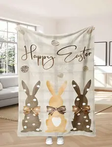 Happy Easter Bunny and Eggs Throw Blanket for Couch, Cozy Soft Spring Themed Blankets for Sofa, Bed, Easter Gift