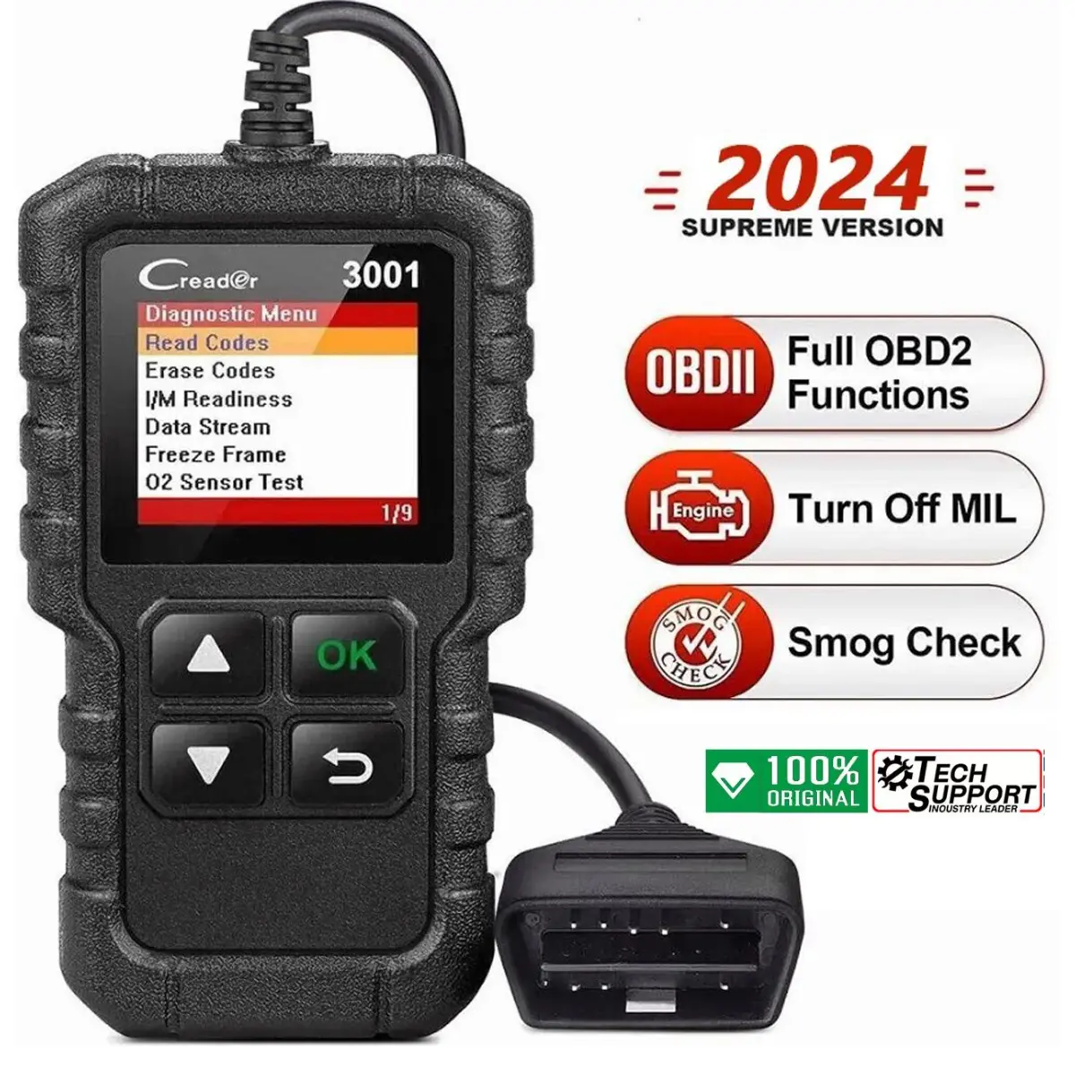Launch Creader 3001 OBD2 Automotive Diagnostic Tool - Full OBD2 Functions, Engine Shutoff, O2 Sensor Test, EVAP System Test, Erase Codes, Freeze Frame, I/M Readiness for All OBDII Protocol Cars