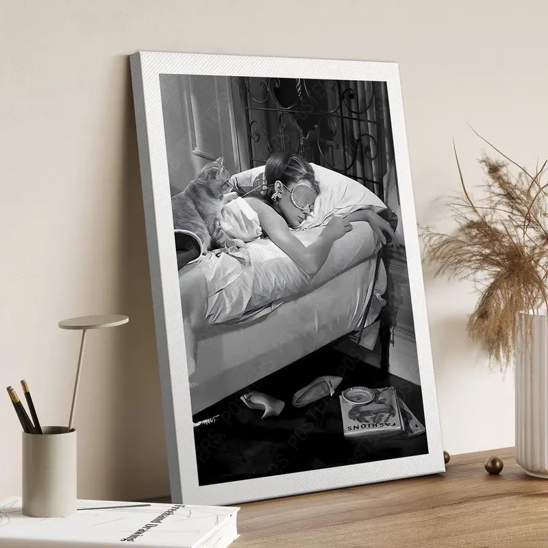 Audrey Hepburn Sleeping Wall Art, Black and White Print, Vintage Photo, Classic Hollywood Art, Woman and Cat Wall Decor, Retro Dorm Room Art