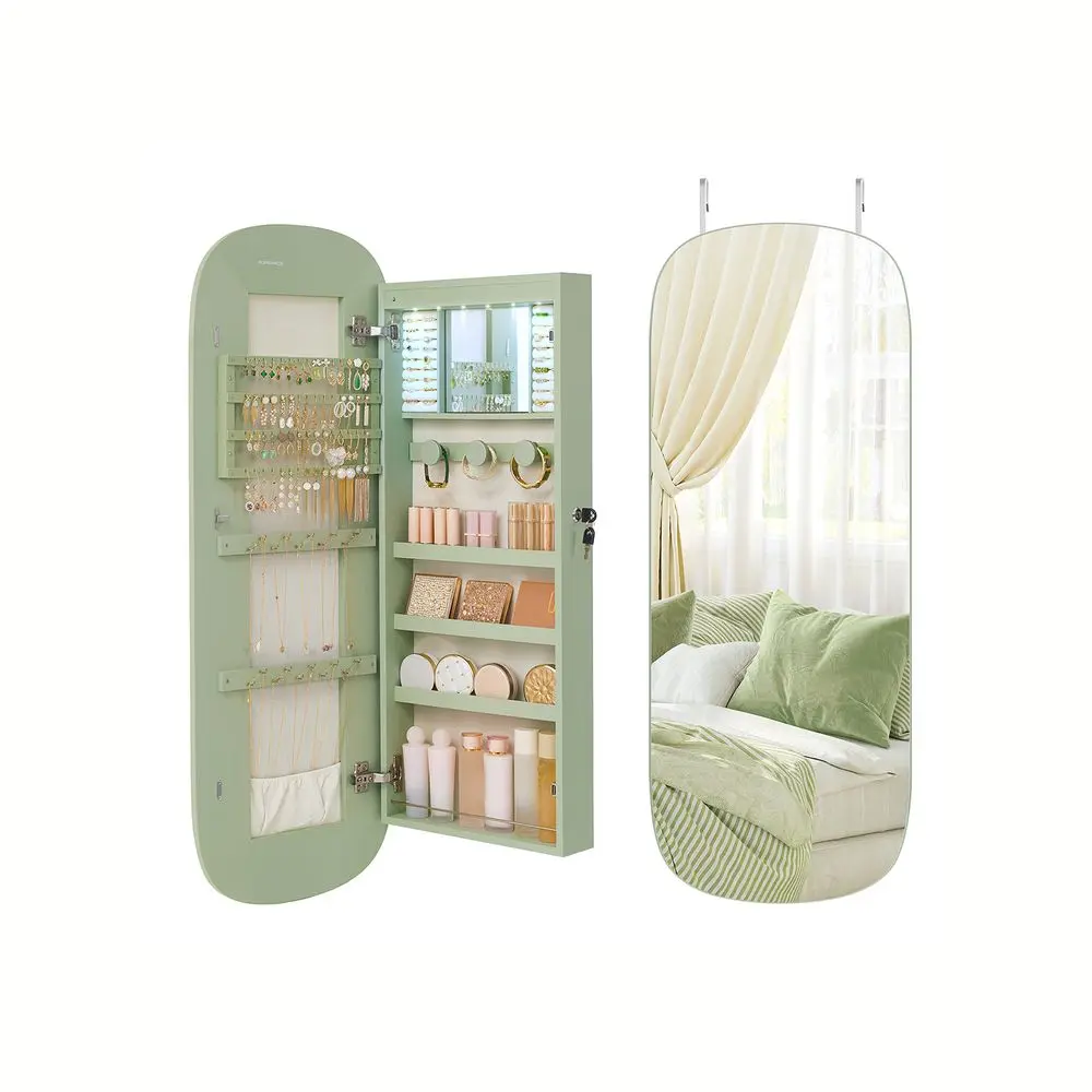 【Springtok】SONGMICS Modern Elegant LED Jewelry Organizer Cabinet, Wall-or-Door Mounted, Lockable Rounded Wide Mirror with Hidden Jewelry Storage Organization, Interior Compartment, Design