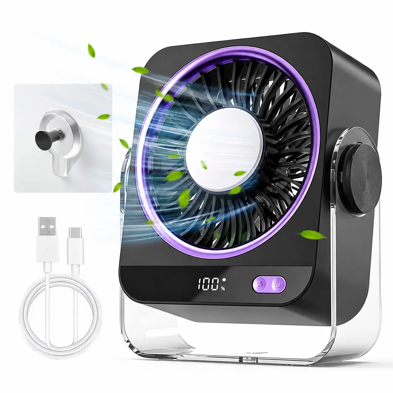 USB Rechargeable Desk Fan with 199 Speeds – Portable Turbo Airflow Cooling Fan with Digital Display, 270° Adjustable Quiet Table Fan for Bedroom, Office & Travel Greyish-purple