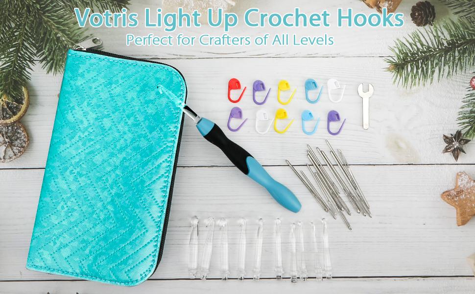 Votris Light Up Crochet Hook Set 11 in 1 Ergonomic Soft Grip Rechargeable Interchangeable Heads Adjustable Handmade Kit for Beginners Arthritis Friendly with LED Lighting & Portable Case