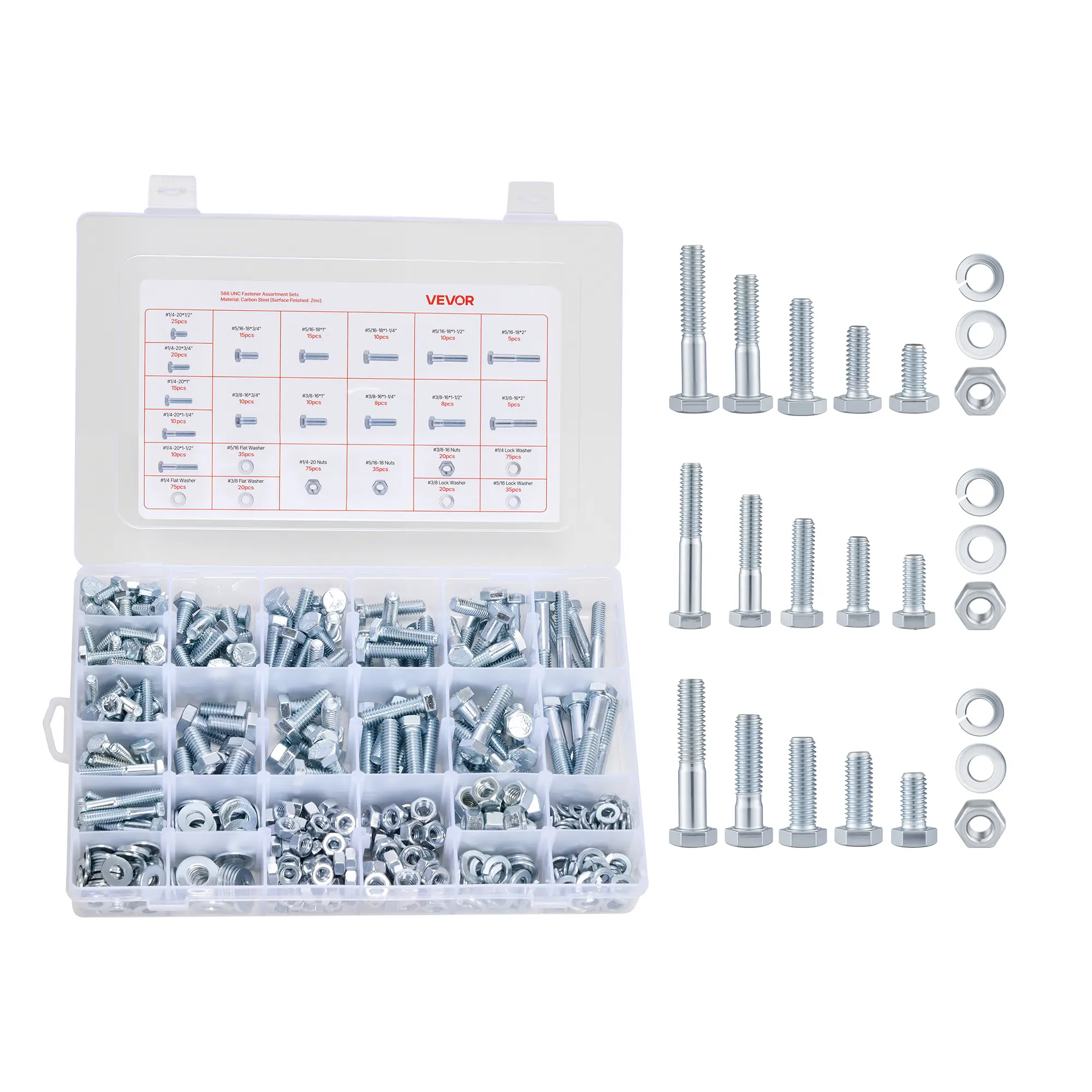 【Summerfinds】VEVOR 566 Pcs Heavy Duty Bolts & Hex Nuts Assortment Kit, Imperial Machine Screws with Flat Washers, Galvanized White Alloy Steel (1/4-20,5/16-18,3/8-16) for Furniture & Equipment Assembly, Diy Projects, 48-Hour Salt Spray Test, #1/4-20 Sizes