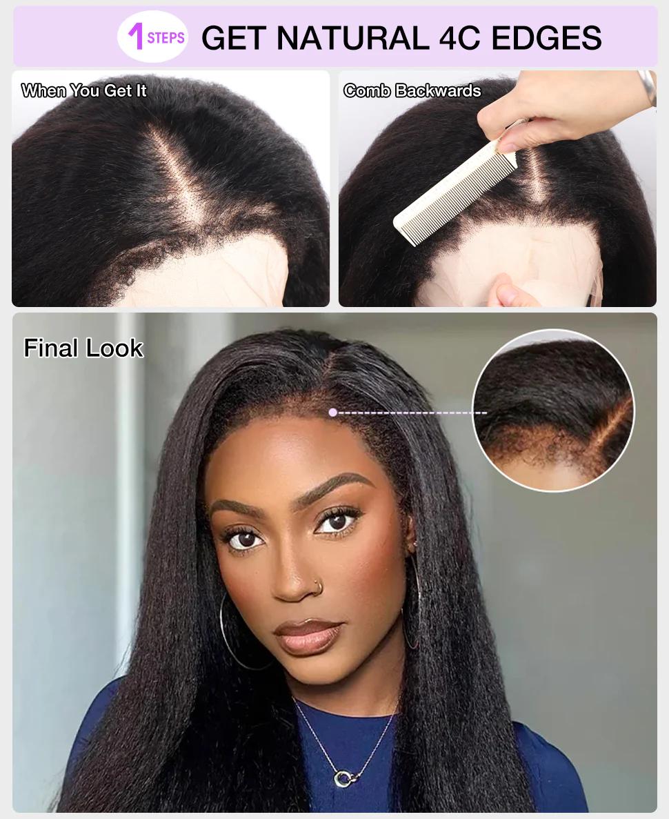 【4c Kinky Straight】Glueless 4C Kinky Edge Hairline Kinky Straight Human Hair Wigs Pre Cut Lace 8x5 13x4 360 HD Lace Frontal Wigs 250% Density #TikTokShopBlackFriday