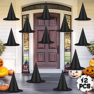 Set of 12 Black Halloween Witch Hats – Perfect for Hanging Decorations or Costumes, Comes with 328 FT of Nylon Cord Ornaments