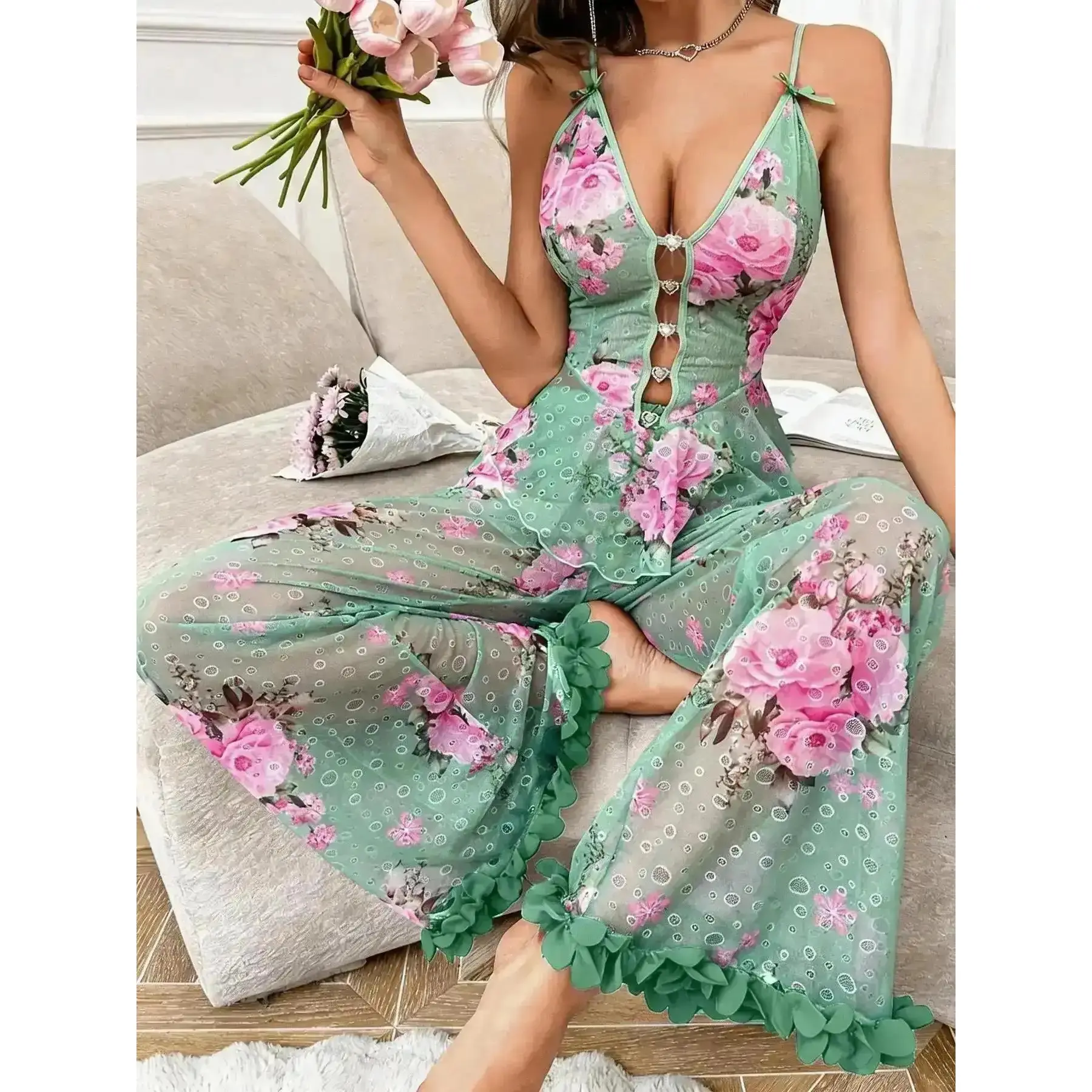 Two-Piece Transparent Sleepwear Set, Cute Comfortable Soft Floral Party Style, Sleeveless Fitted Design, All Seasons Wear, Pajama Sets, Coord Set, Cozy, Versatile, Comfort, Outfit, Essential, Trendy, Chic