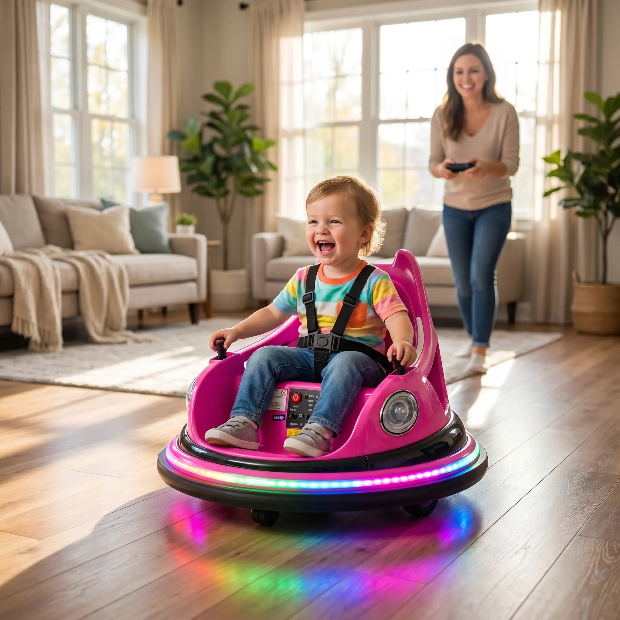 12V Kids Electric Bumper Car for 1.5 to 5 Years - Ride-On Toy Vehicle with 2.4g Remote Control, Polyethylene Full-Circle Anti-Collision Padding, 360-Degree Spin, LED Lights, Bluetooth, Speed Settings,Wiggle Function, Ride On Machine Ride On Wheels