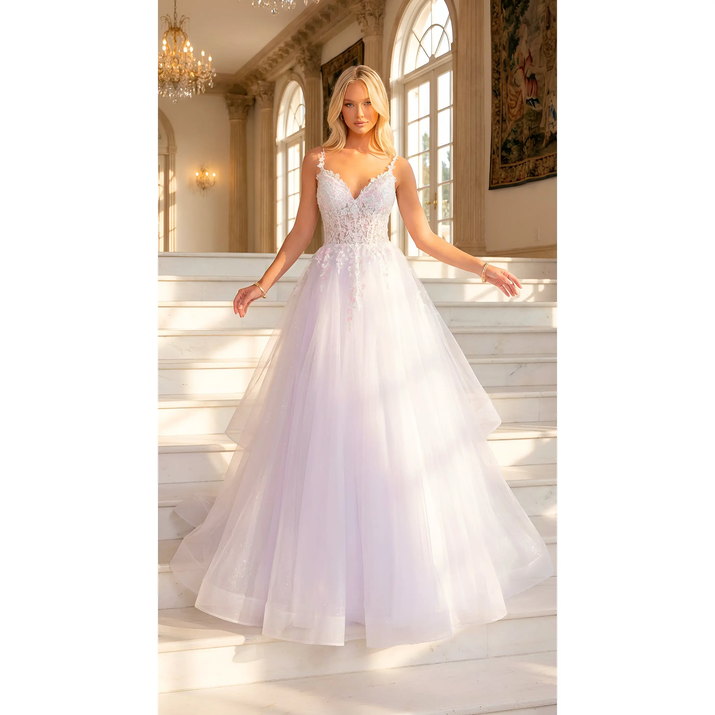Women's Sleeveless Floor-Length Ball Gown - Elegant Formal Evening Dress with Multicolor Lace, Tulle Overlay and Purple Embellishments