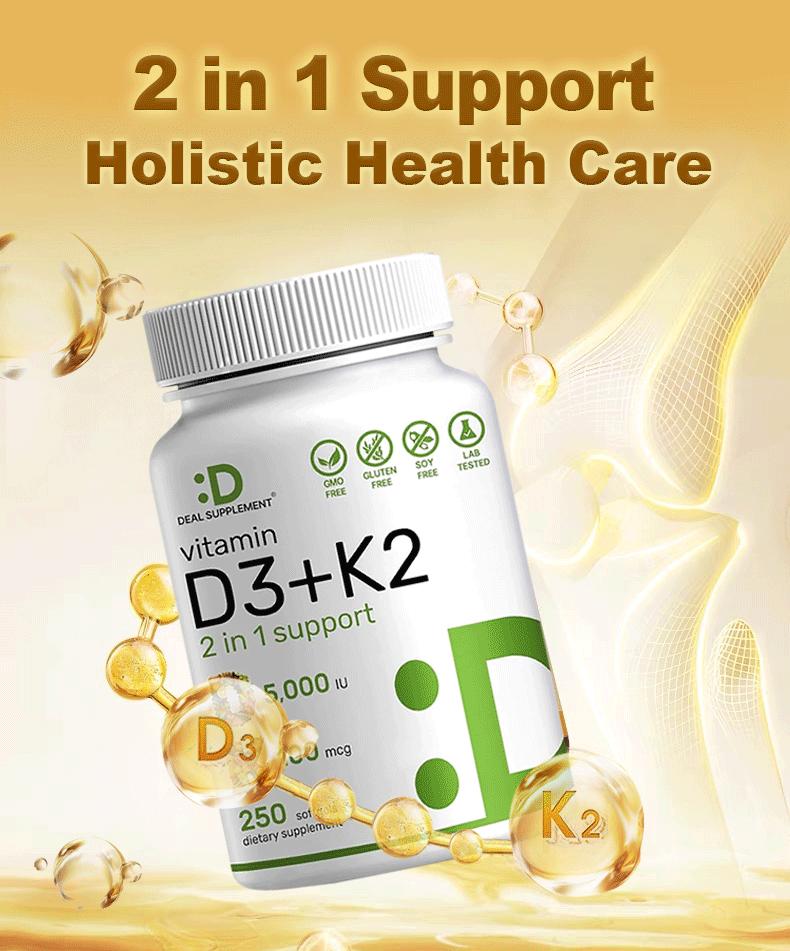 Deal Supplement Vitamin D3+K2 | Immune Support | Bone Health |  Healthcare Dietary | 250 Veggie Softgels Natural Flavors Gluten Free Effervescent Tablets Fitness Edible