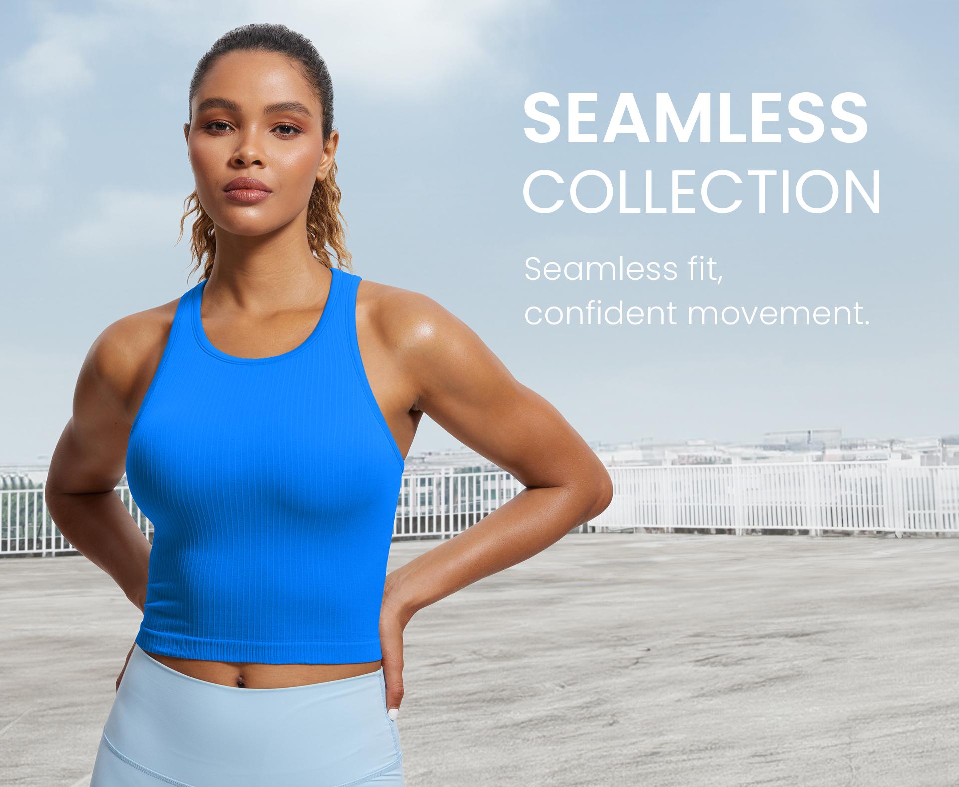 CRZ YOGA Womens Seamless Ribbed Longline High Neck Sports Bra - Racerback Padded Slim Fit Crop Tank Top with Built in Pads