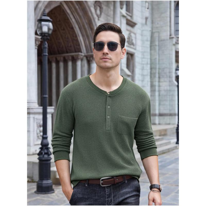 Men's Henley Shirts C Long Sleeve Basic Waffle Pique Pullover T-Shirt with Pocket Machine Washable Streetwear Top