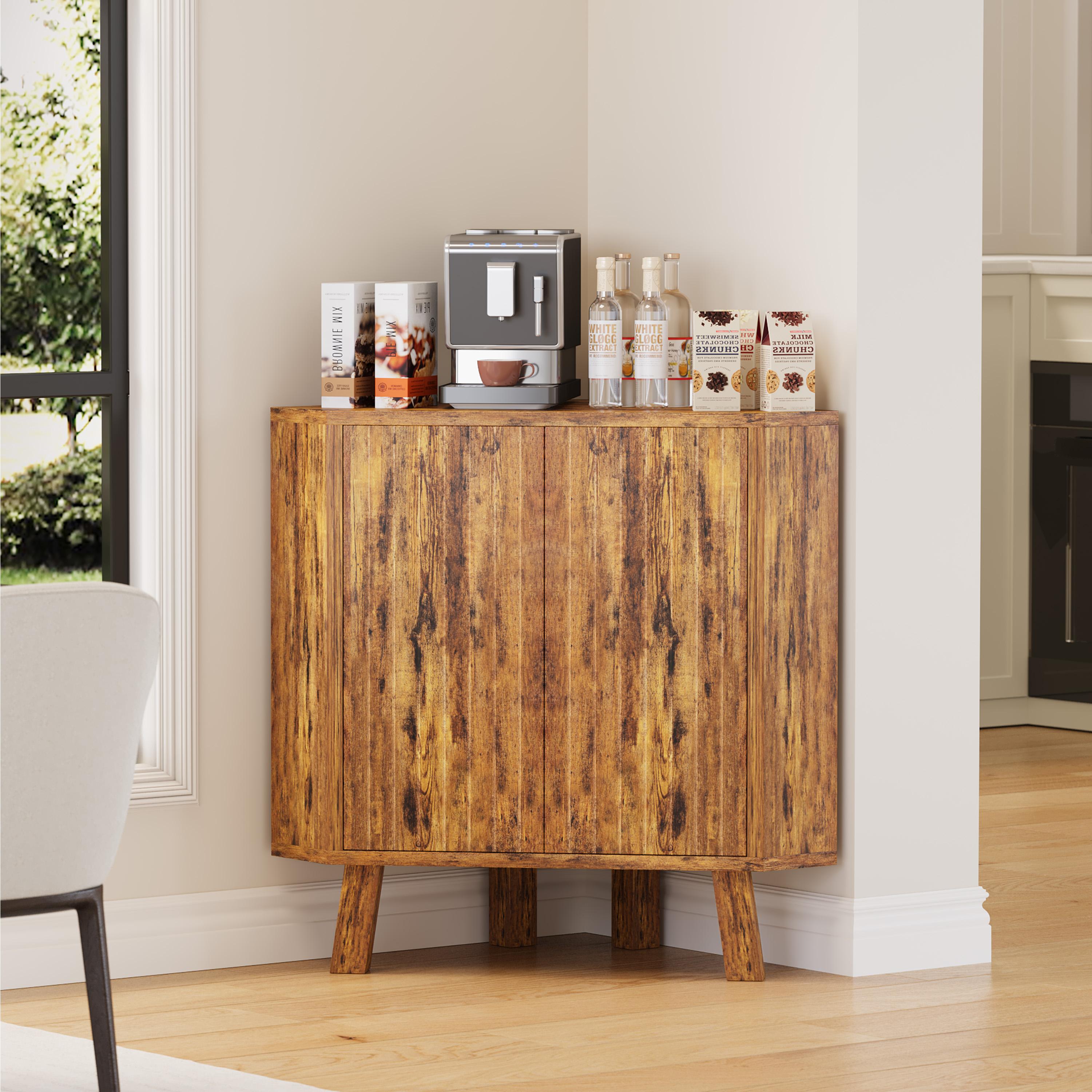 31.5'' Corner Cabinet with Doors, 3-Tier Industrial Fluted Corner Shelf with Adjustable Shelf, Freestanding Triangle End Table for Living Room, Bedroom, Kitchen, Bathroom