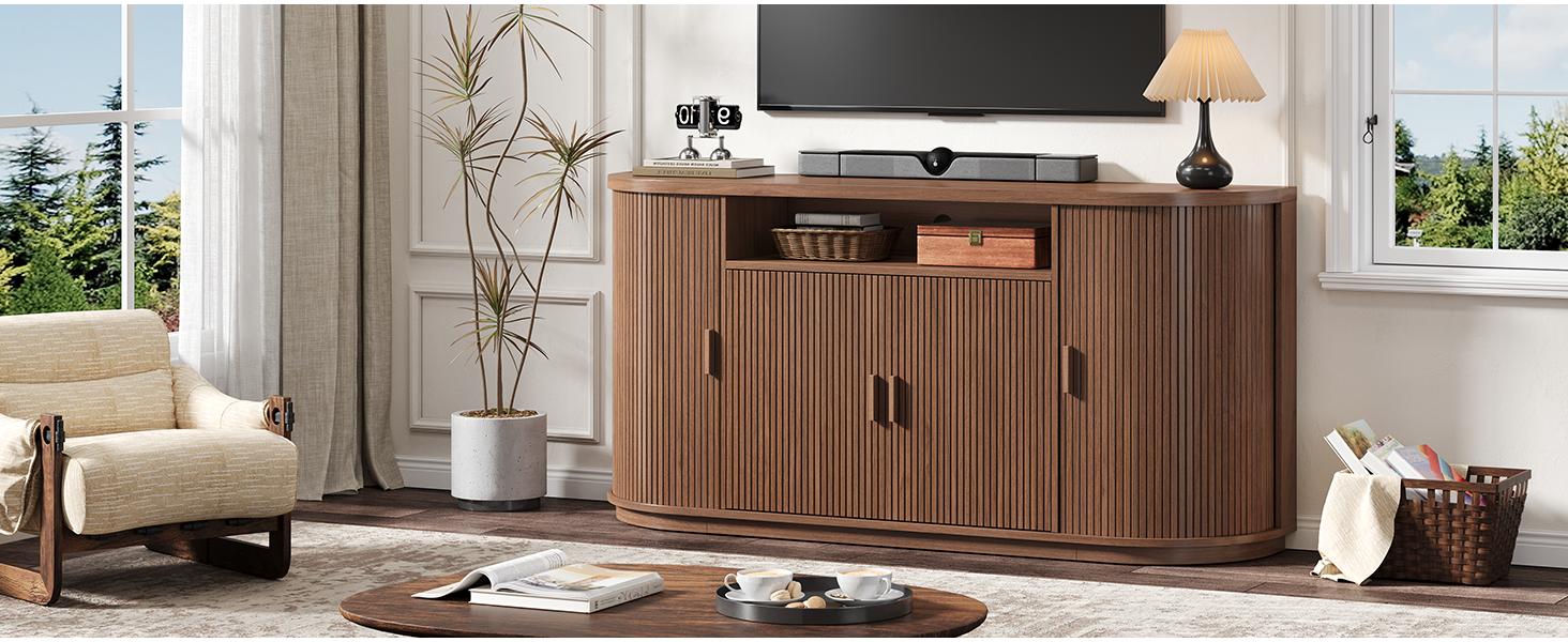【SPRING GLOW UP】ONBRILL 63" Sideboard Buffet Cabinet with Storage, Modern Fluted Accent Credenza with Sliding Doors, Drawers and Adjustable Shelves, Wood Coffee Bar Console Table for Kitchen, Living Room, Enrtyway