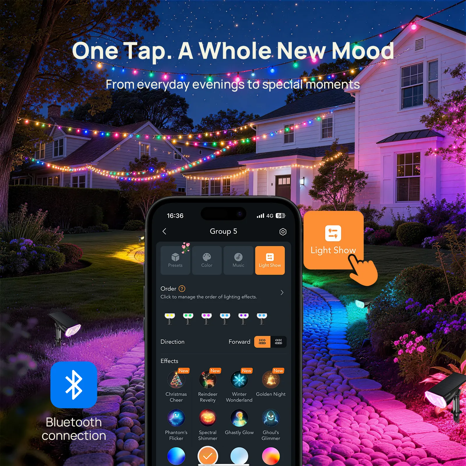 Smart outdoor spotlight app with light shows, colors and music scenes
