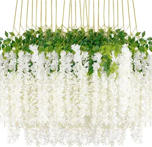 Wisteria Hanging Flowers 24 Pack Artificial Flowers Fake Wisteria Vine Rattan Hanging Garland Silk Flowers String for Party Home Wall Greenery Wedding Decor (White)