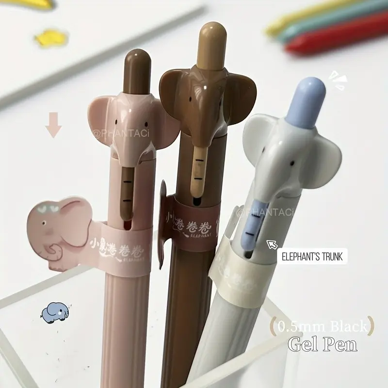 3/6/12pcs Elephant-Shaped Stress Relief Novelty Pens, 0.5mm Ballpoint, Creative Office Supplies, Student Study Tools, High-Value Stationery