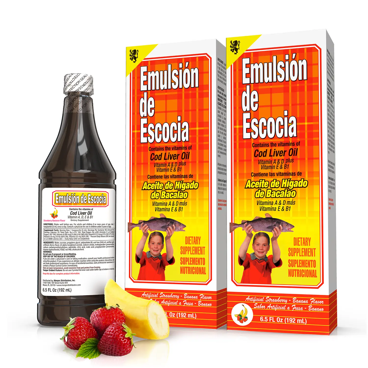 Emulsión de Escocia Cod Liver Oil for Kids, Strawberry Banana Flavor, Omega-3 with Vitamins D & E, Immune & Bone Support, 15.3 fl oz (2-Pack), Immunity Boost, Two Bottles