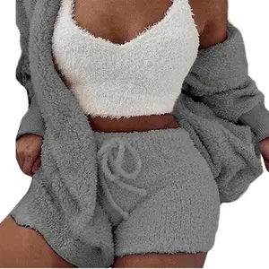 3pcs Womens Clothing Long Sleeve Crop Tank Top And Drawstring Shorts Pajama Set Womenswear Vest pajamas Plus Size Pattern Fitted