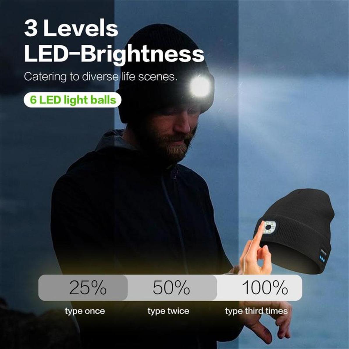 Bluetooth Beanie with a Light, Unisex USB Rechargeable 4 LED Fashlight Hat with Cordless Headphones, Unique Christmas Gifts - Black