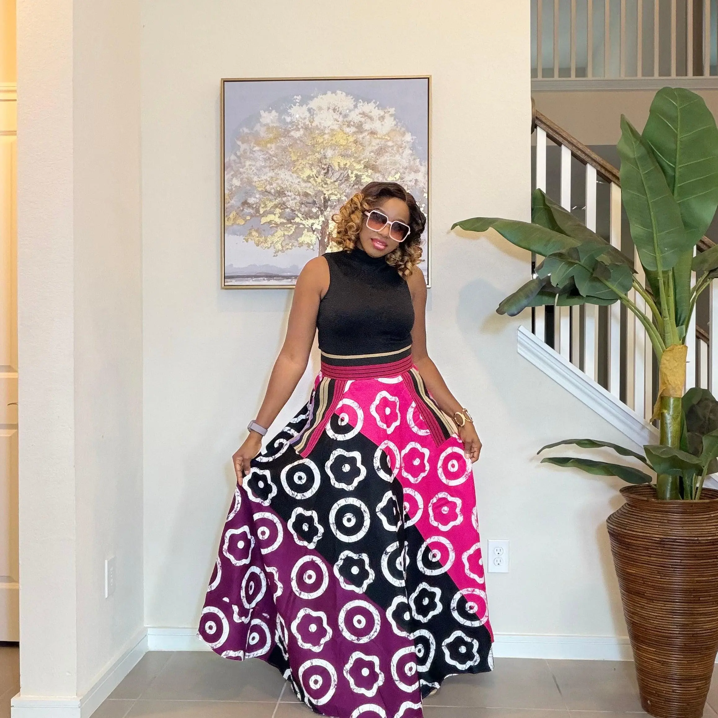 African Ankara Maxi Skirt, High Waist Skirt with Aso Oke Pockets