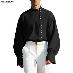 INCERUN Men's Gothic Punk Puff Sleeve High Neck Metal Eyelet Shirt, Fashion Menswear Clothes with Straps, Ideal for Medieval Costume Parties & Gothic Clubs,summervibes