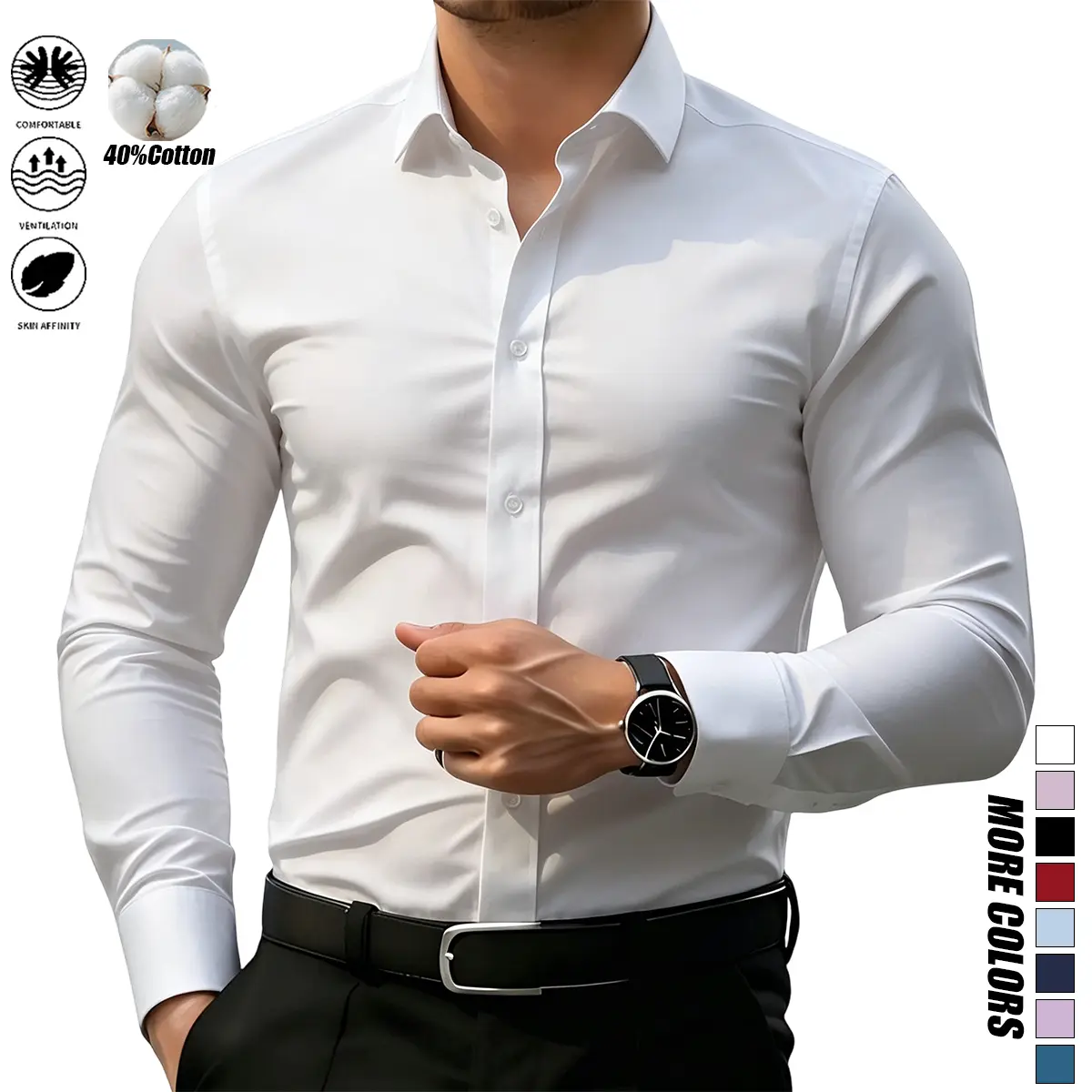 Men's formal shirt. Stylish collared shirt, wrinkle-resistant and no ironing needed, long-sleeve formal button-up top, versatile for business travel.