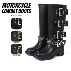 Womens Combat Boots Buckle Boot Round Toe Chunky Block Heel Eyelet Design Easy Pull On Riding Nightout Party Rock Shoes