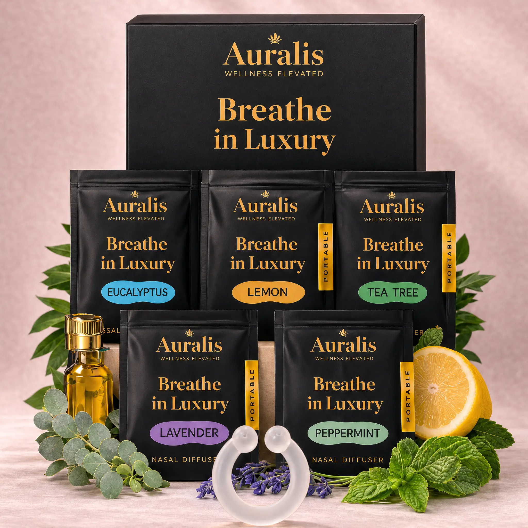 Auralis Discovery Set - 5-Piece Portable Nasal Diffuser Rings, Clean Earthy Natural Essential Oils Set for Aromatherapy (Lavender & Lemon), Breathable Health Wellness Support